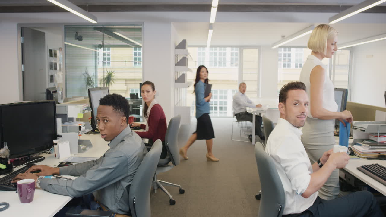 Sexy new woman walking into office interested men and nasty women looking slow motion walk POV shot concept series