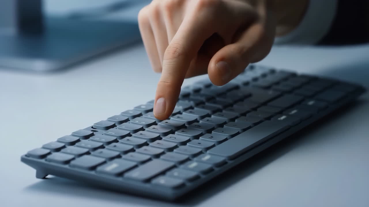 A hand pressing a key on a computer keyboard