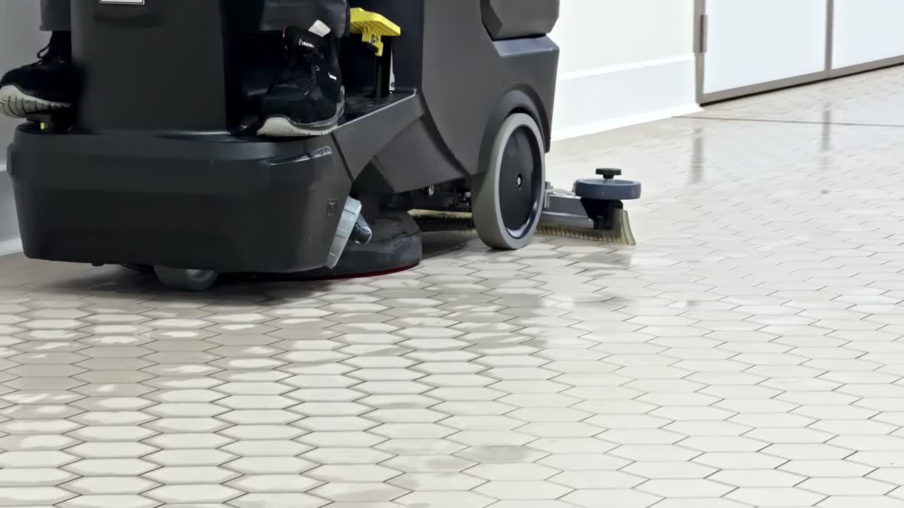 Industrial floor cleaning machine in action indoors, shiny tiles