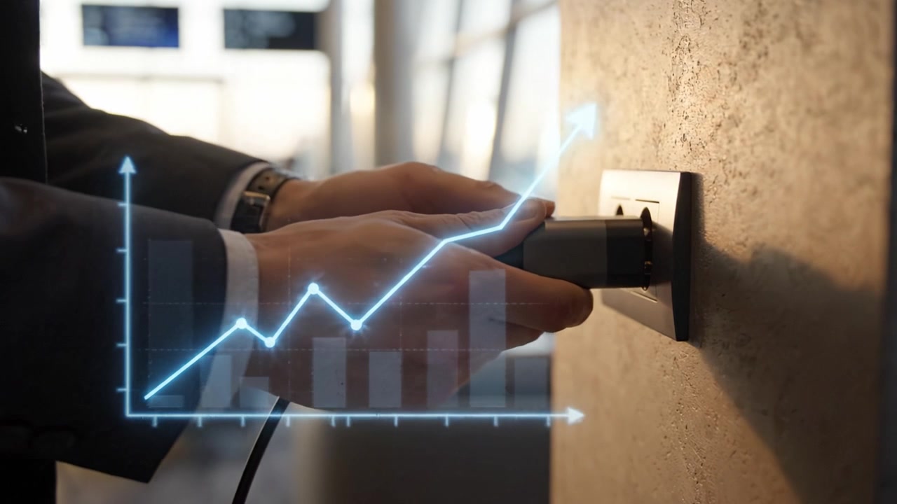 Connecting a Power Plug to an Electrical Outlet in a Modern Lounge with a View of People Relaxing and Working in the Background at Sunset