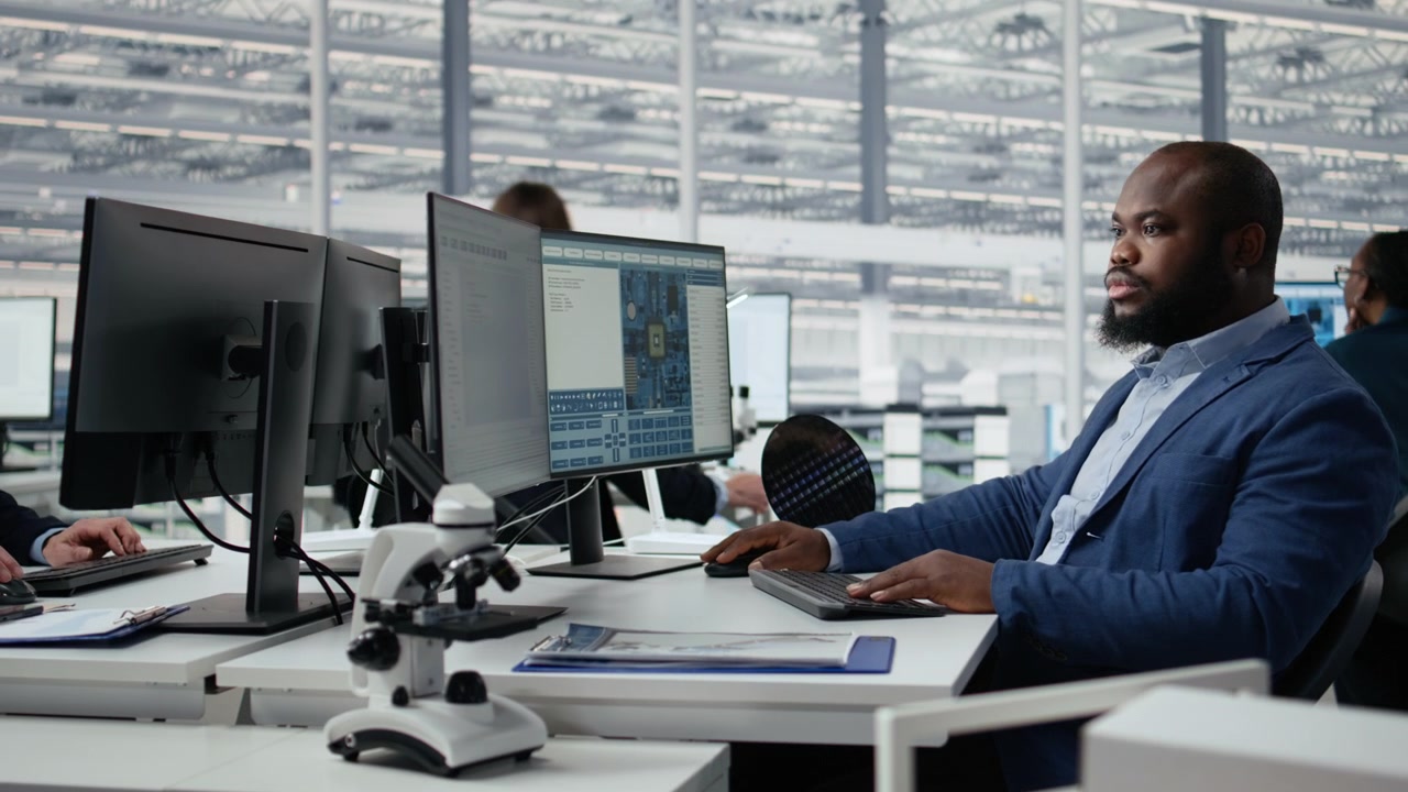 Man examining microchip circuit layouts on computer monitor in factory RD office