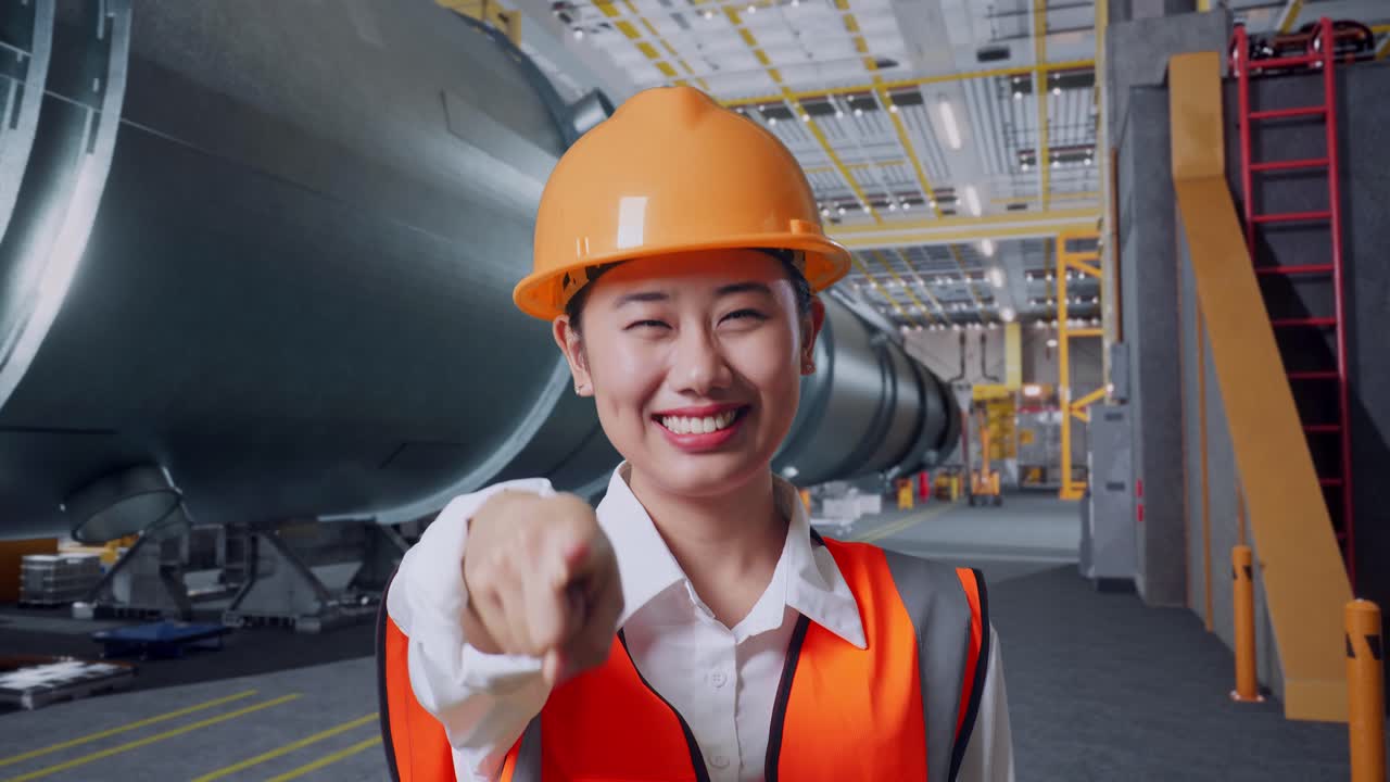 안전 헬을 입은 아시아 여성 엔지니어가 웃으며 가을 만지며 파이프 제조 공장에서 서서 당신을 가리키고 있습니다.