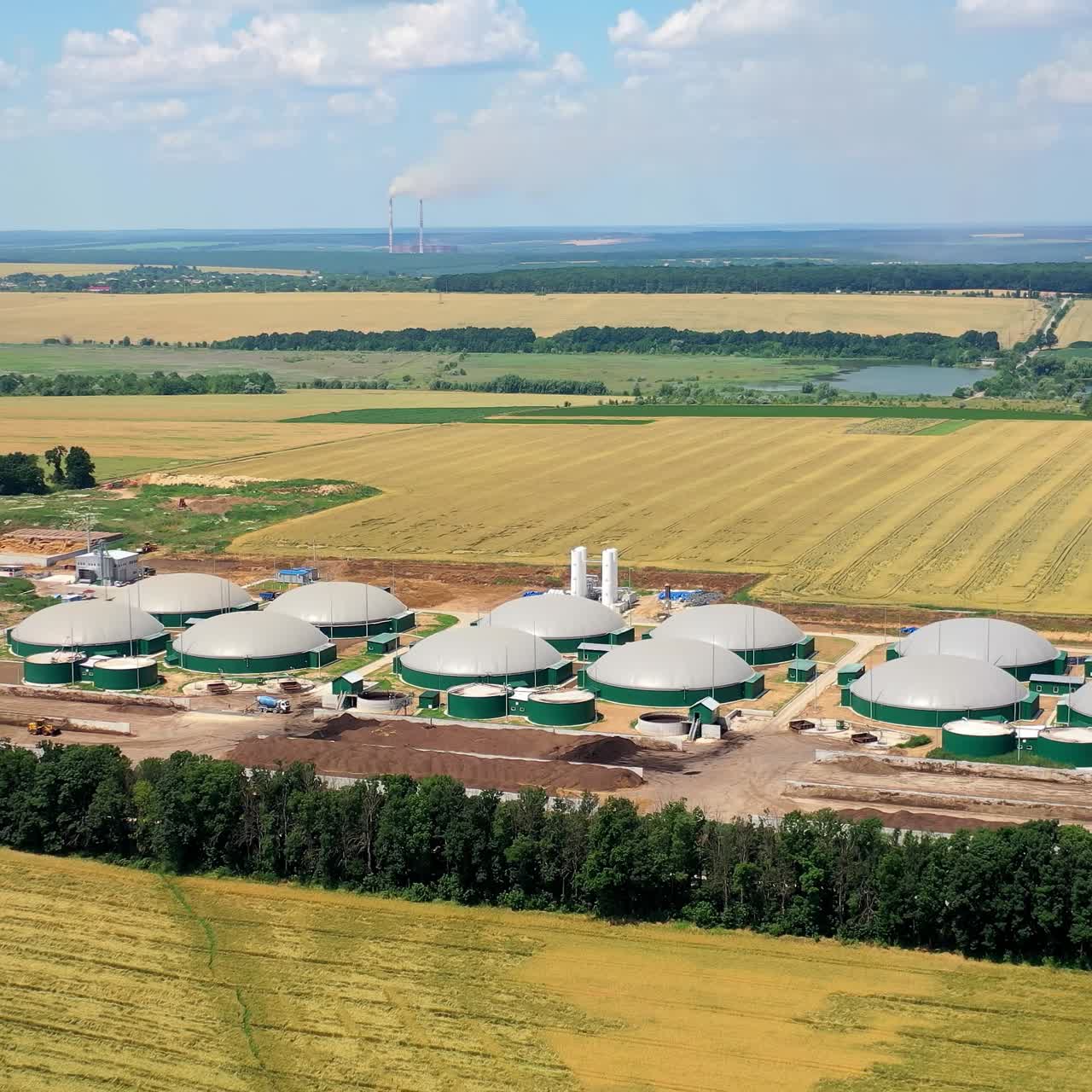 Large gas producing complex. Drone view of big chemical gas factory