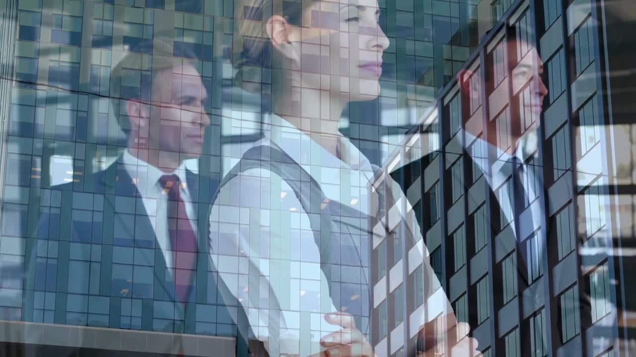 Animation einer Stadtlandschaft über kaukasischen Geschäftsleuten, die aus dem Fenster schauen.