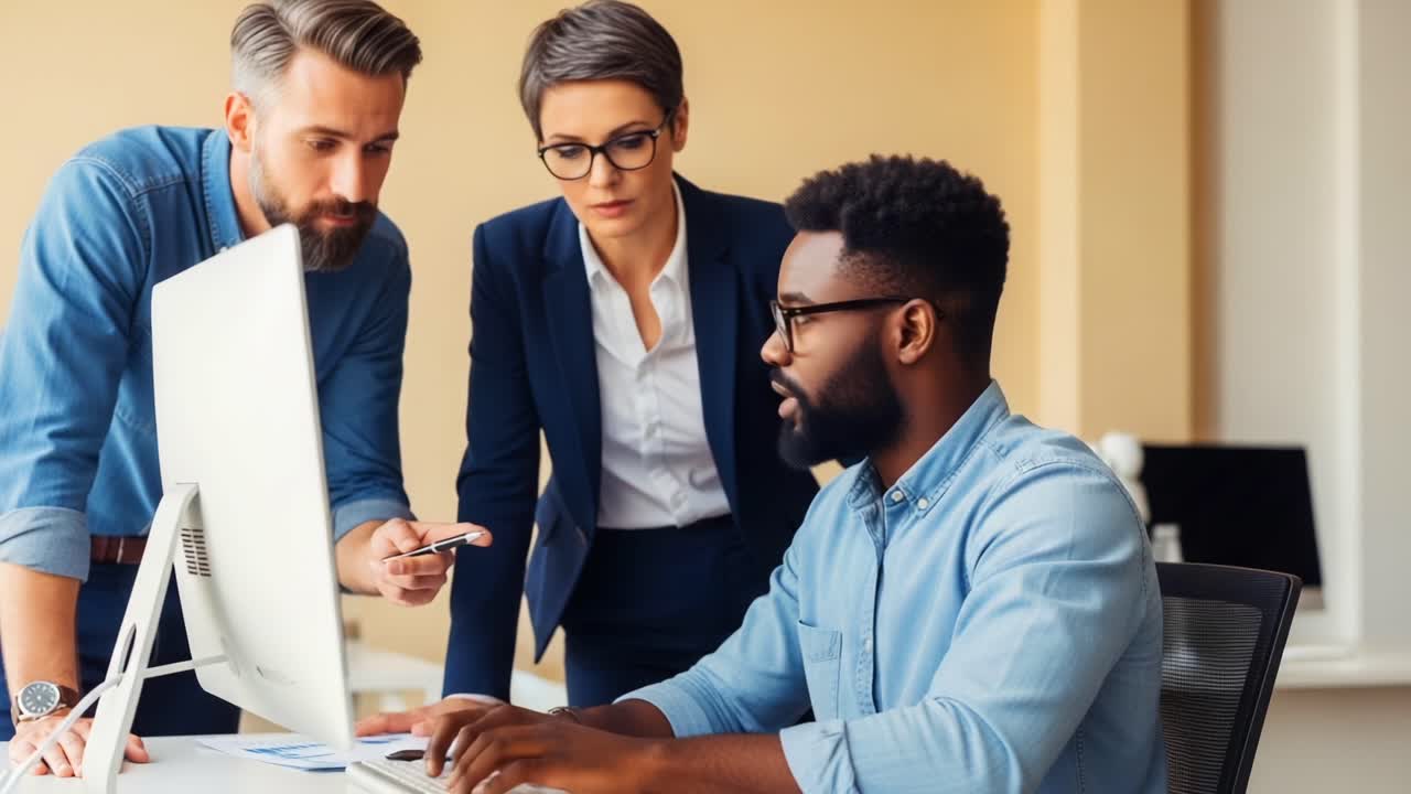 Collaboration in Action: A Business Team Engaged in a Productive Discussion, Analyzing Data and Comments on a Computer Screen in a Modern Office Environment