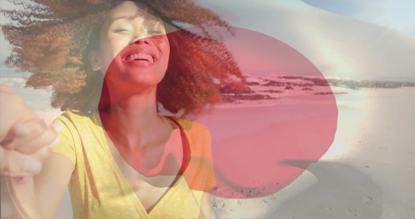 Vertical video: Hand offering, yellow-top woman leading partner toward ocean, red white overlay