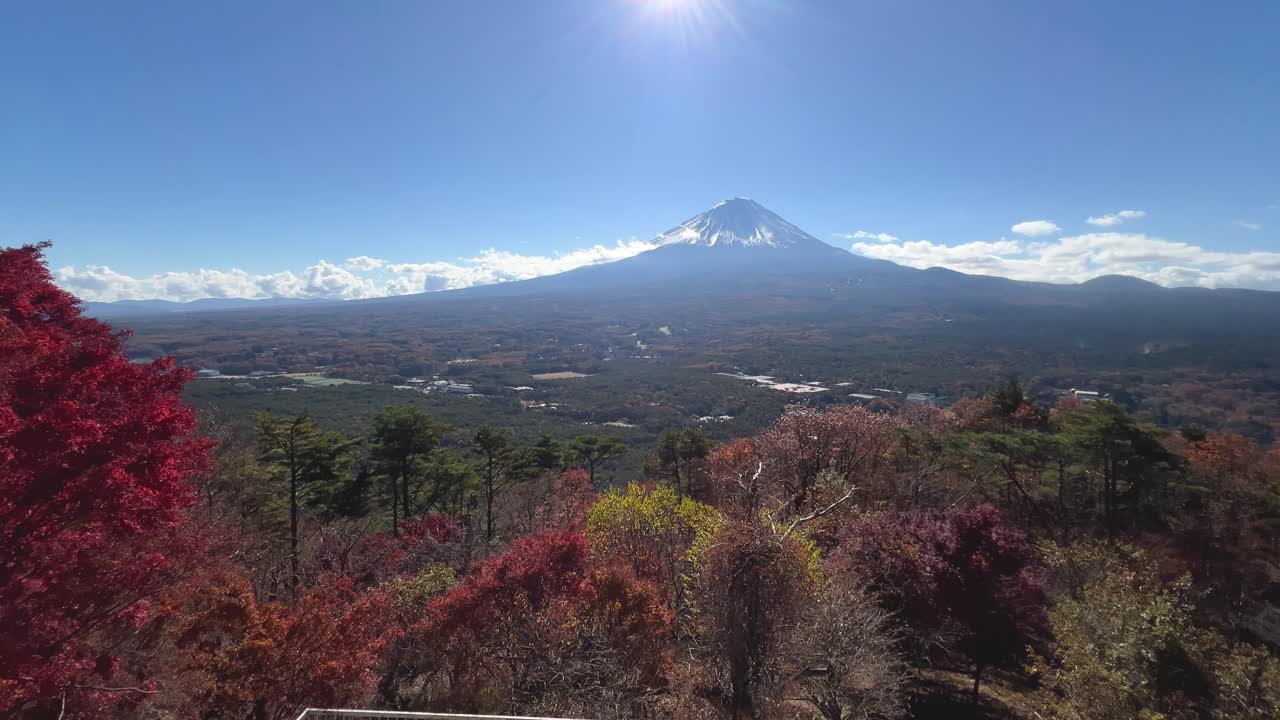 Panning panorama shot over wide open fall color landscape with Mt. Fuji in distance