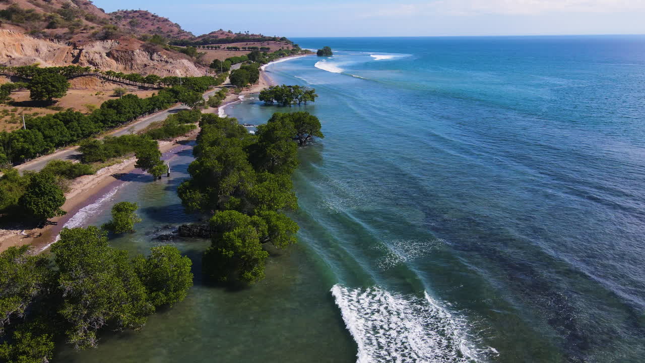 Ocean Waves Crashing On The Beach Shore With Trees In Summer. - aerial shot