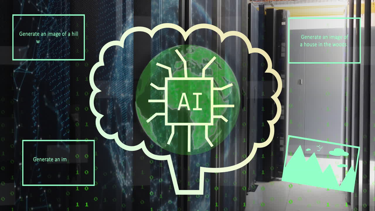 Animation of ai text and data processing over computer servers