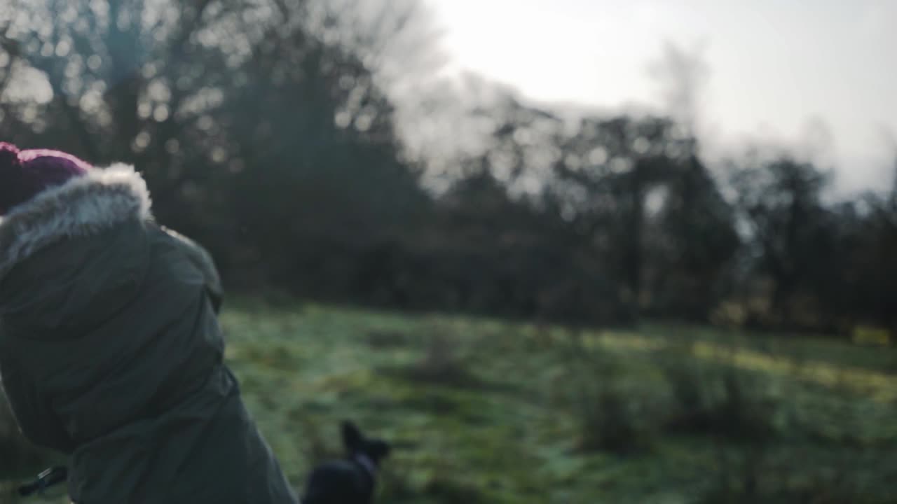 재킷을 입은 소녀는 개가 가져오도록 테니스 공을 던집니다, 슬로우 모션