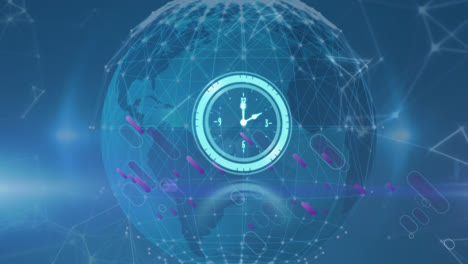 animation of clock moving over globe, connections and purple shapes on blue background