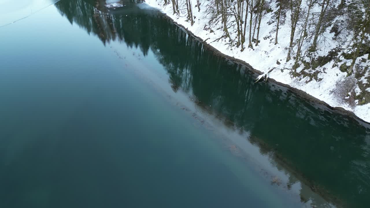 Aerial View of a Snow-Covered Riverbank and Winter Forest