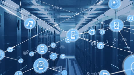 animation of network of connections with icons over server room and data processing