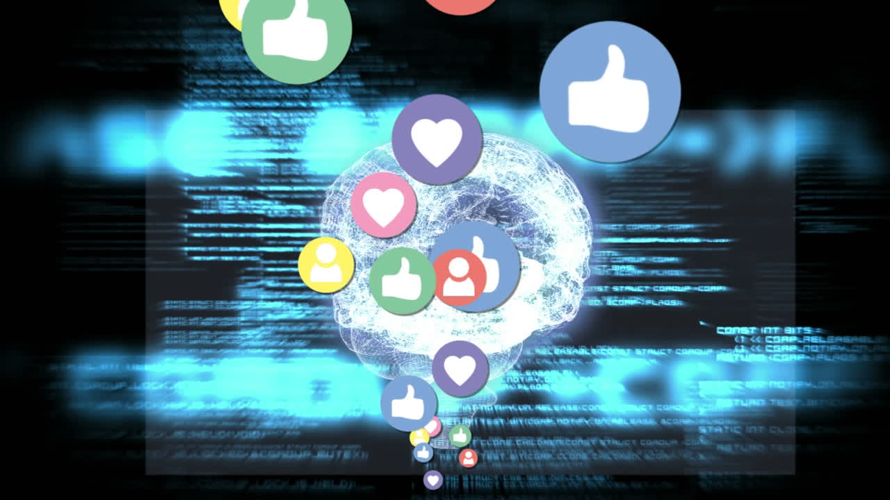 소셜 미디어 아이콘을 가진 디지털 두뇌 및 프로그램 코드