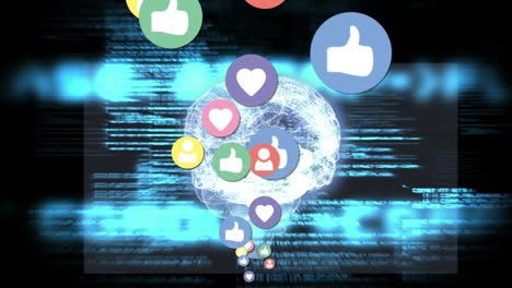 códigos de cerebro y programas digitales con iconos de redes sociales
