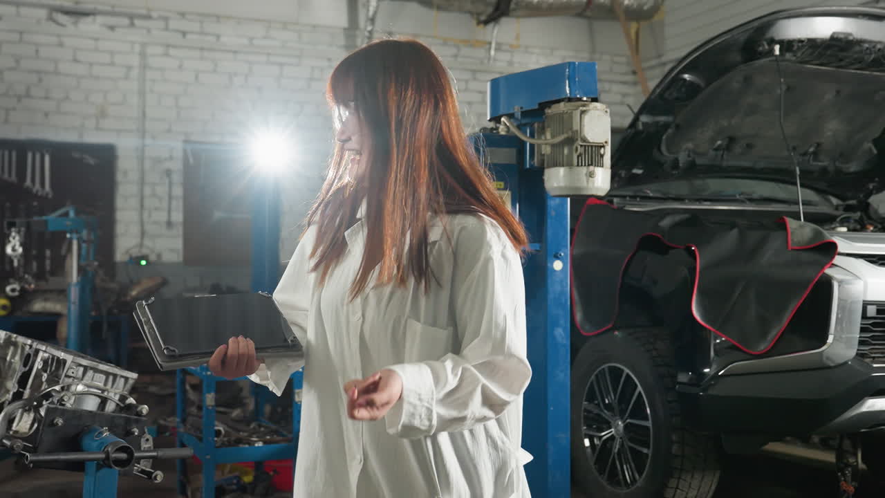 técnico de laboratorio en bata blanca baila alegremente mientras usa gafas de protección en un taller industrial, el fondo presenta herramientas automotrices, ascensor de automóviles y piezas de motor