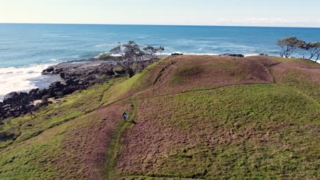 Toma-Panorámica-Aérea-De-Un-Dron-De-Un-Surfista-Caminando-Por-Un-Sendero-Isla-Surf-Break-Naturaleza-Paisaje-Viajes-Turismo-Nsw-Costa-Norte-Yamba-Australia-4k