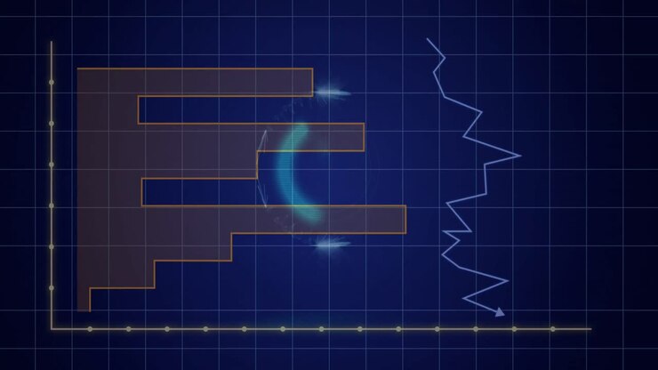 Animation of neon circle with power button over digital screen with graphs