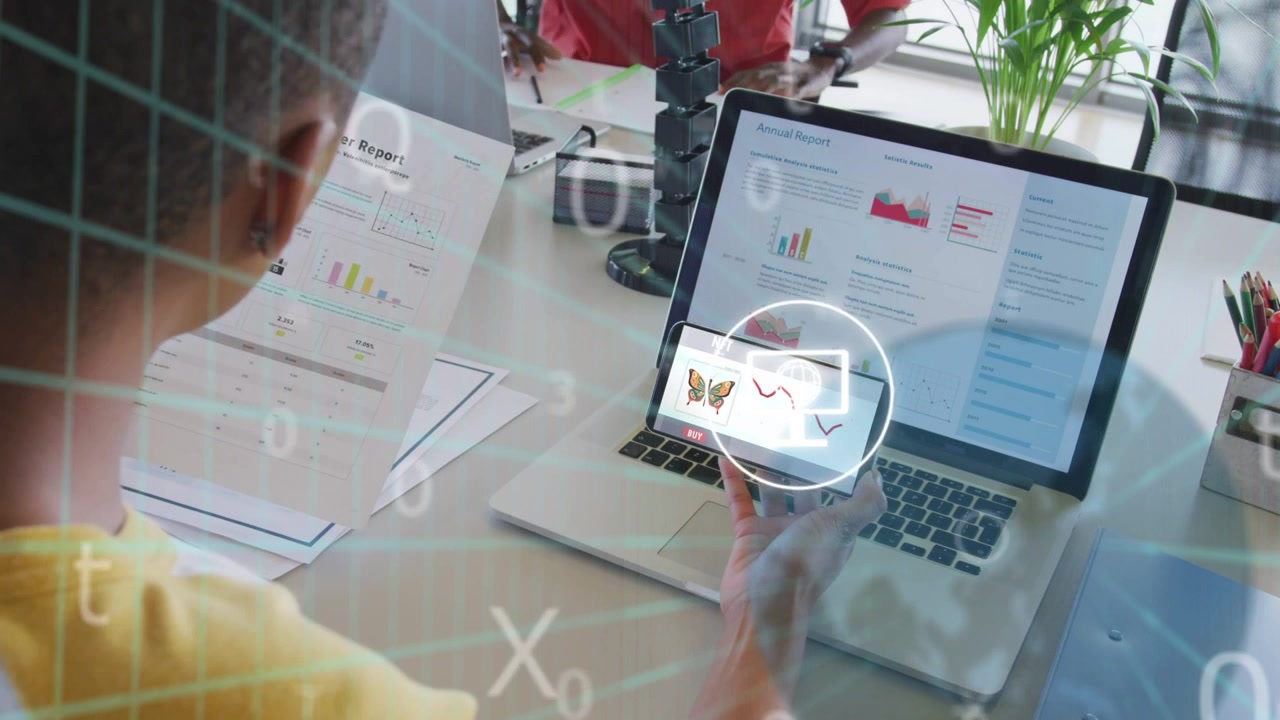 Colleague tapping phone, animating butterfly and trend line, AR icons selecting graphs for business