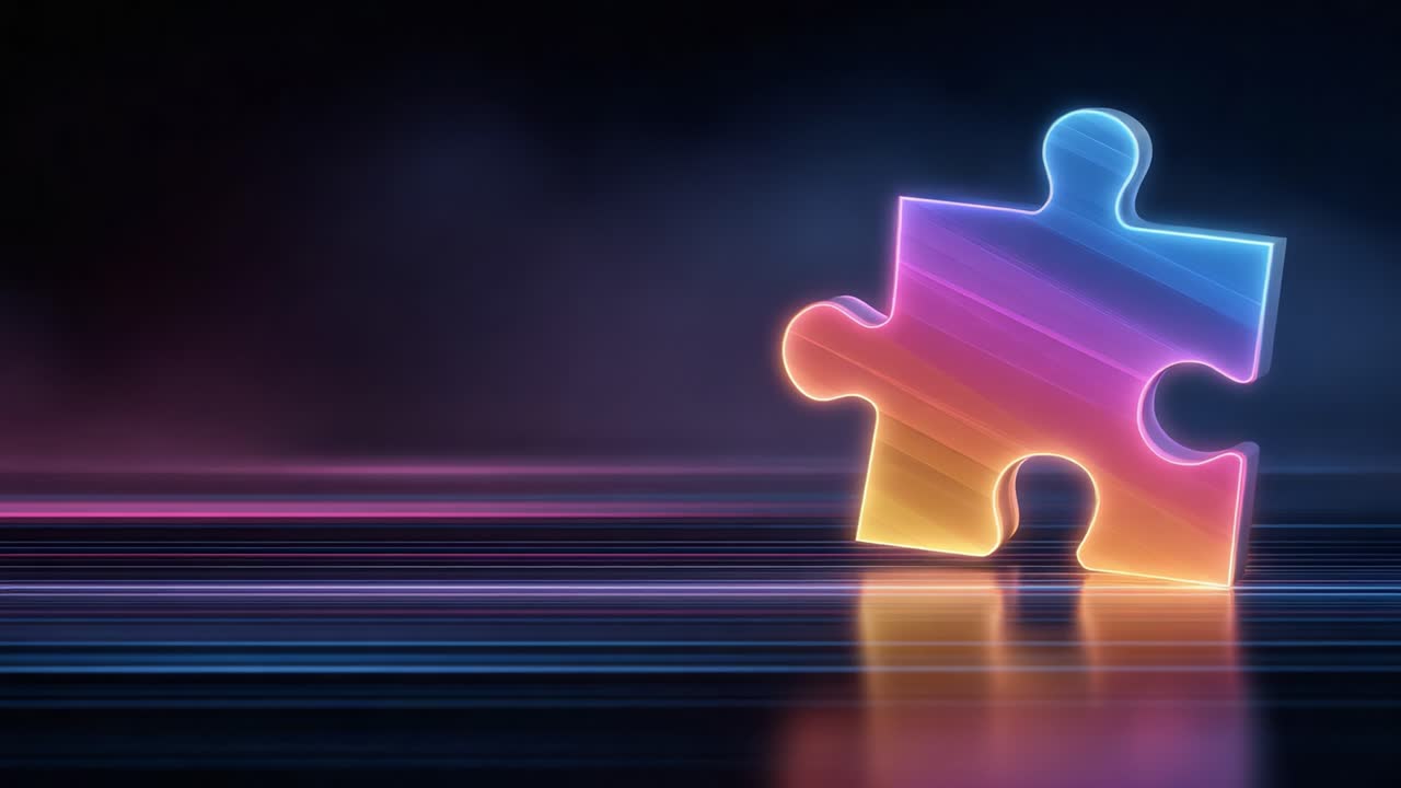 A Vibrant Neon Puzzle Piece Stands Out Against a Dark Background with Colorful Light Trails, Symbolizing Connection and Creativity in an Artistic Display