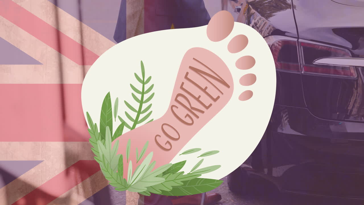 зеленый текст над флагом великобритании и зарядка электрического автомобиля