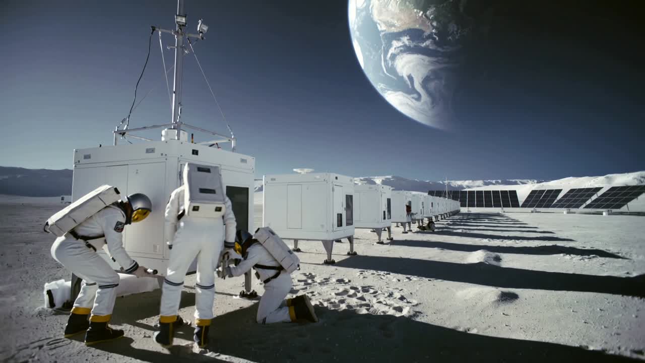 Tripulação com trajes caminhando e aproximando-se do módulo, ajoelhando e consertando painel de acesso na planície lunar, com espaço para texto