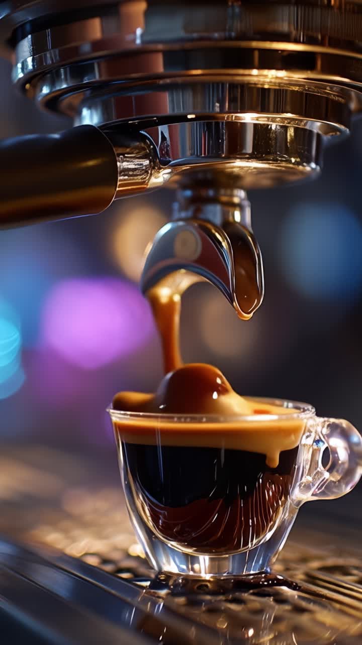L'Arte della Preparazione dell'Espresso: Un Espresso Splendidamente Erogato, Catturato dall'Estrazione alla Perfezione in una Tazza di Vetro, Evidenziando le Ricche Caratteristiche del Caffè
