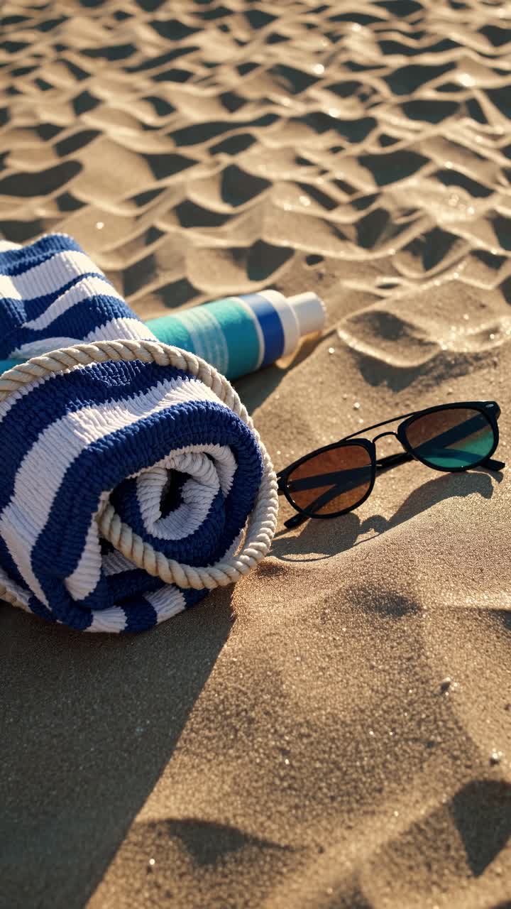 Beach essentials on sunlit sand, captured from a low angle