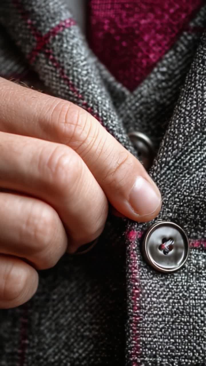 Proses Mengancing Jas Elegan: Tampilan dekat tangan yang merapikan jaket jas abu-abu bergaya dengan tekstur khas dan dasi merah marun kaya di baliknya.