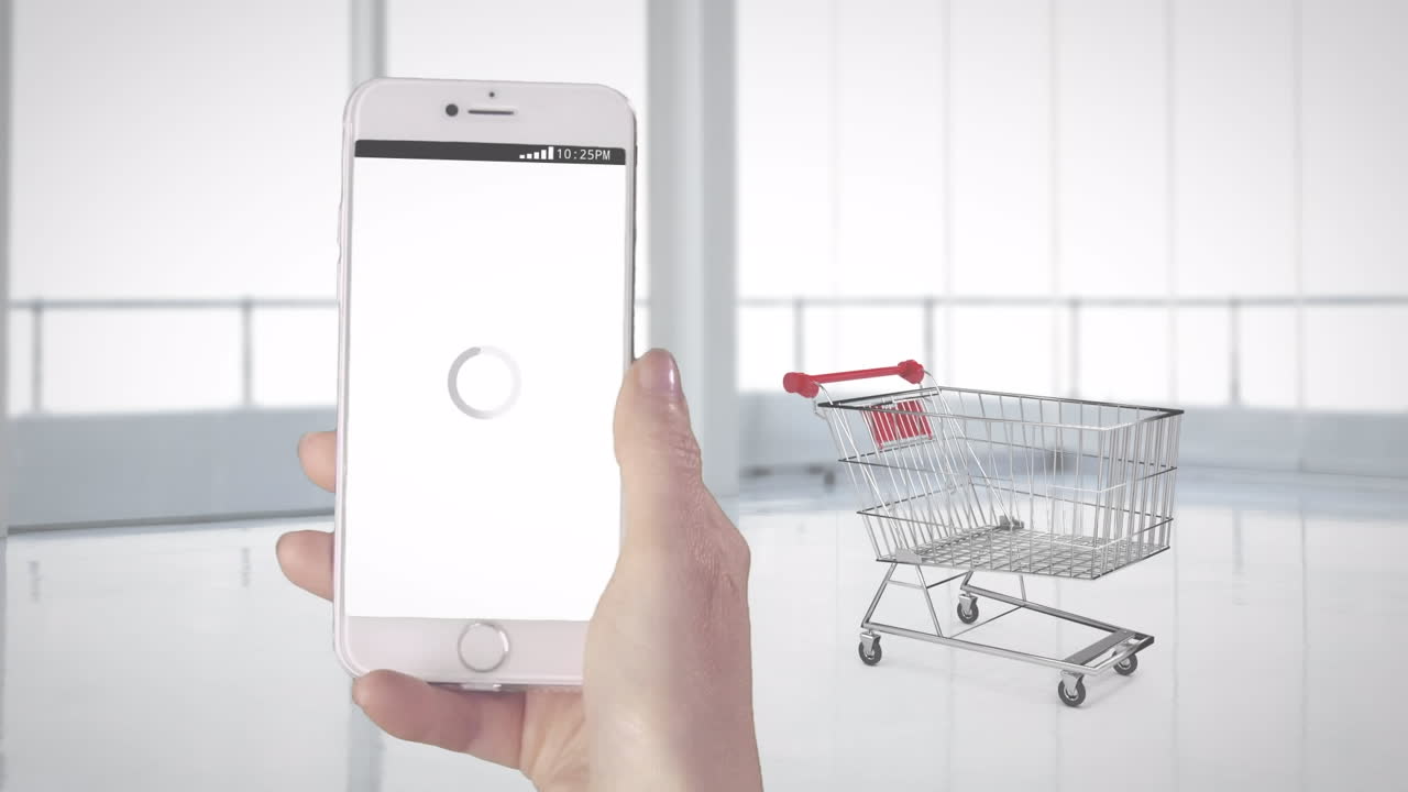 쇼핑 앱을 사용하여 스마트폰을 손에 들고 쇼핑 카트에 착륙하는 상자 위의 애니메이션