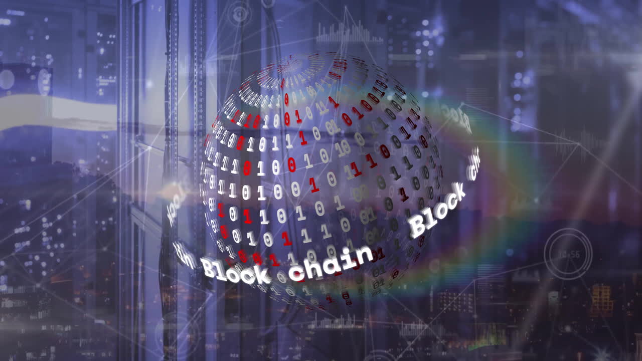 Animation of block chain text and globe with data processing over dark background