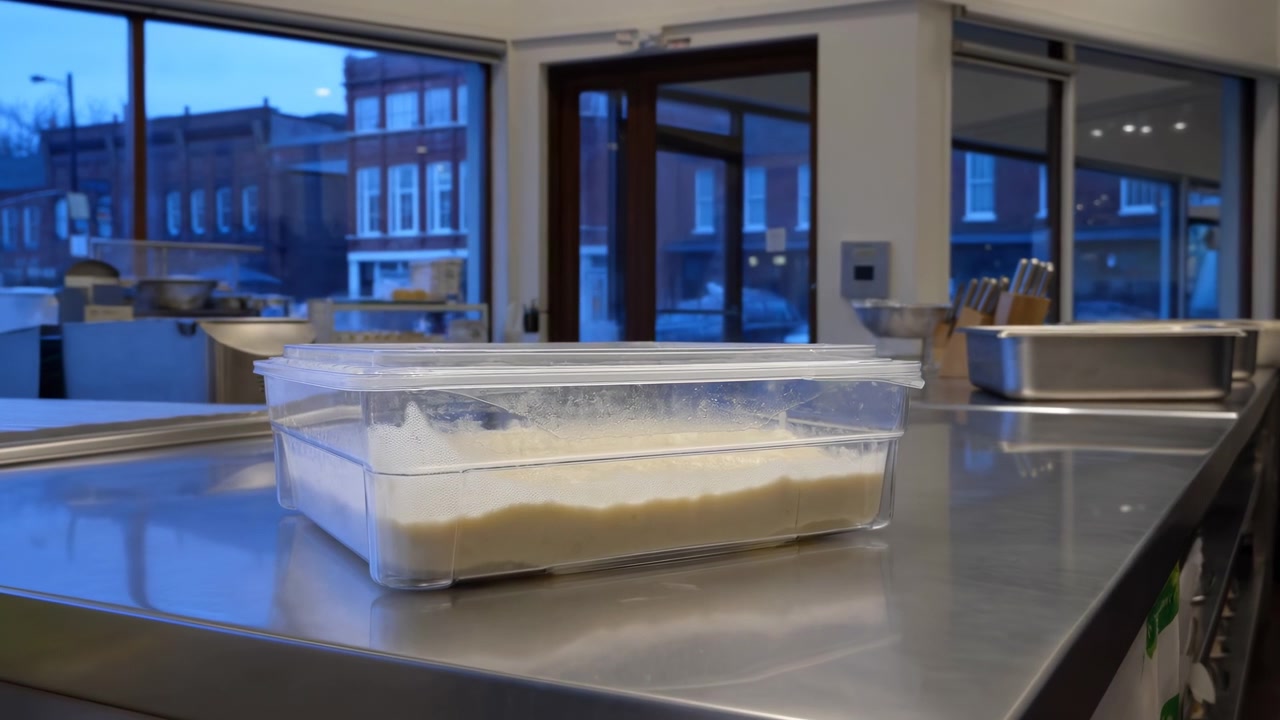 Transparent rectangular tub filled with pale dry mixture remains stationary on reflective steel worktop, while trays, utensils, counters, and broad windows form the kitchen background.