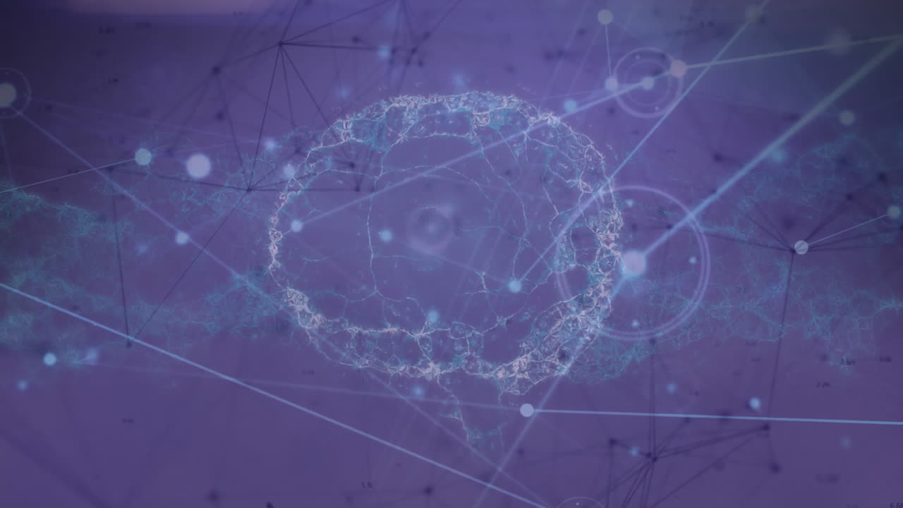 보라색 배경에 인간의 뇌와 dna 줄기의 연결 네트워크의 애니메이션