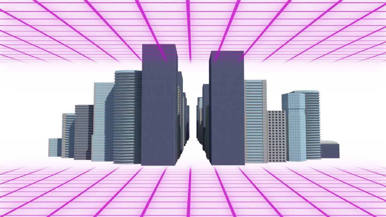 Digital animation of purple grid network over 3d city model against white background