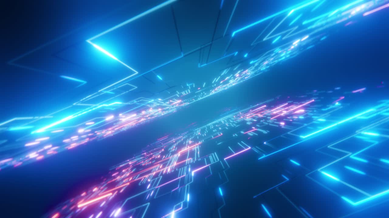 Volando attraverso un tunnel di dati digitale futuristico con luci al neon