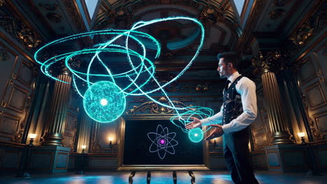 magician performing atomic illusion in an antique palace