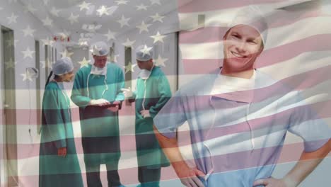 Animation-of-flag-of-usa-waving-over-surgeons-in-operating-theatre