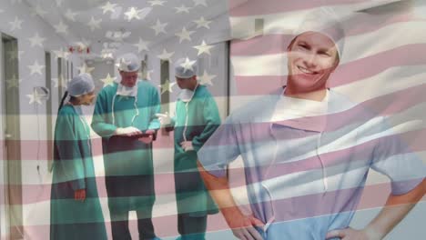 animation of flag of usa waving over surgeons in operating theatre