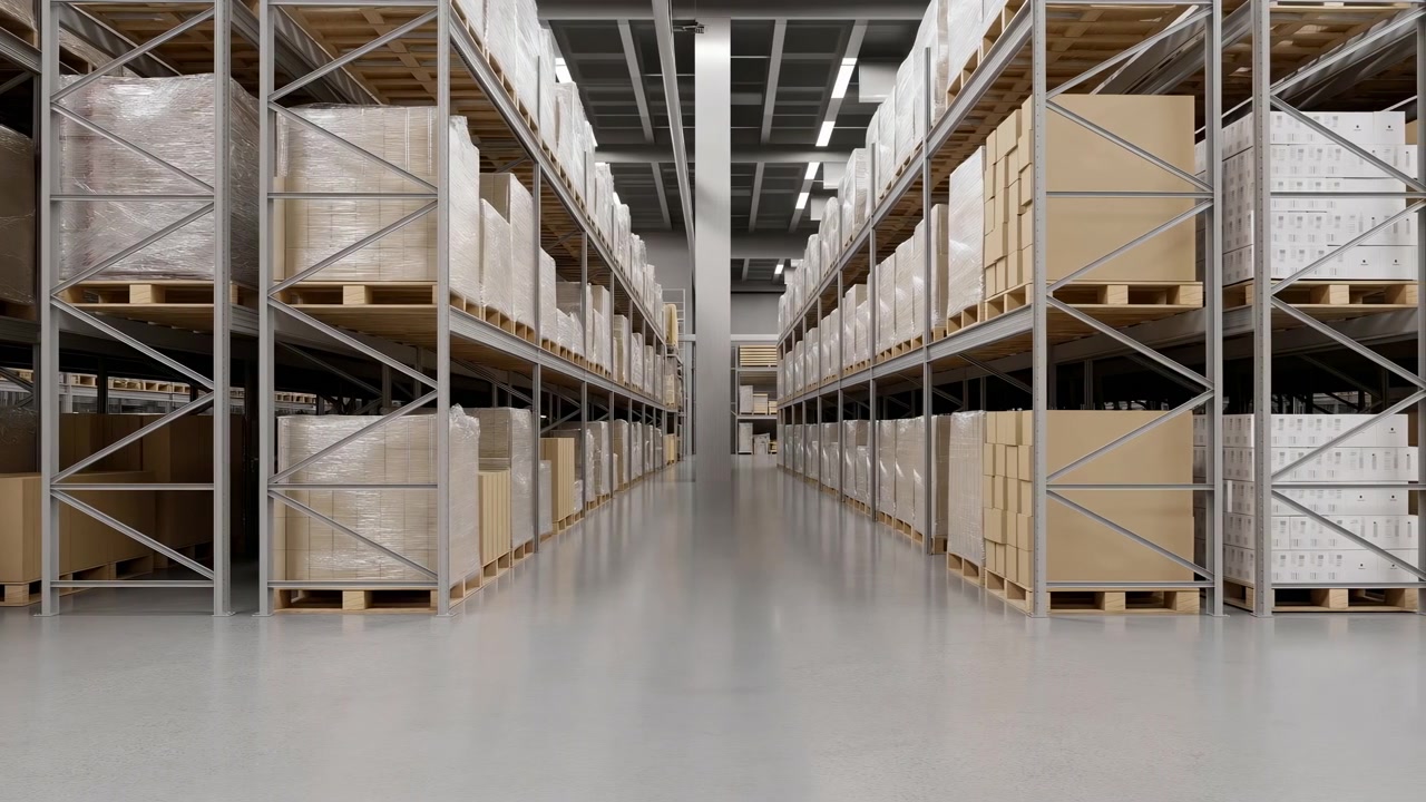 Empty Warehouse Aisle With Stacked Pallets And Cardboard Boxes, Symmetrical Metal Racking Rising To Ceiling,