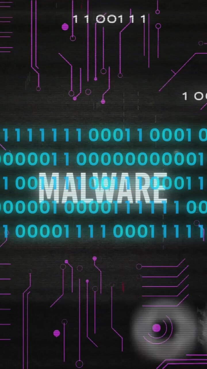 Animation of malware text with computer circuit board over data processing on black background