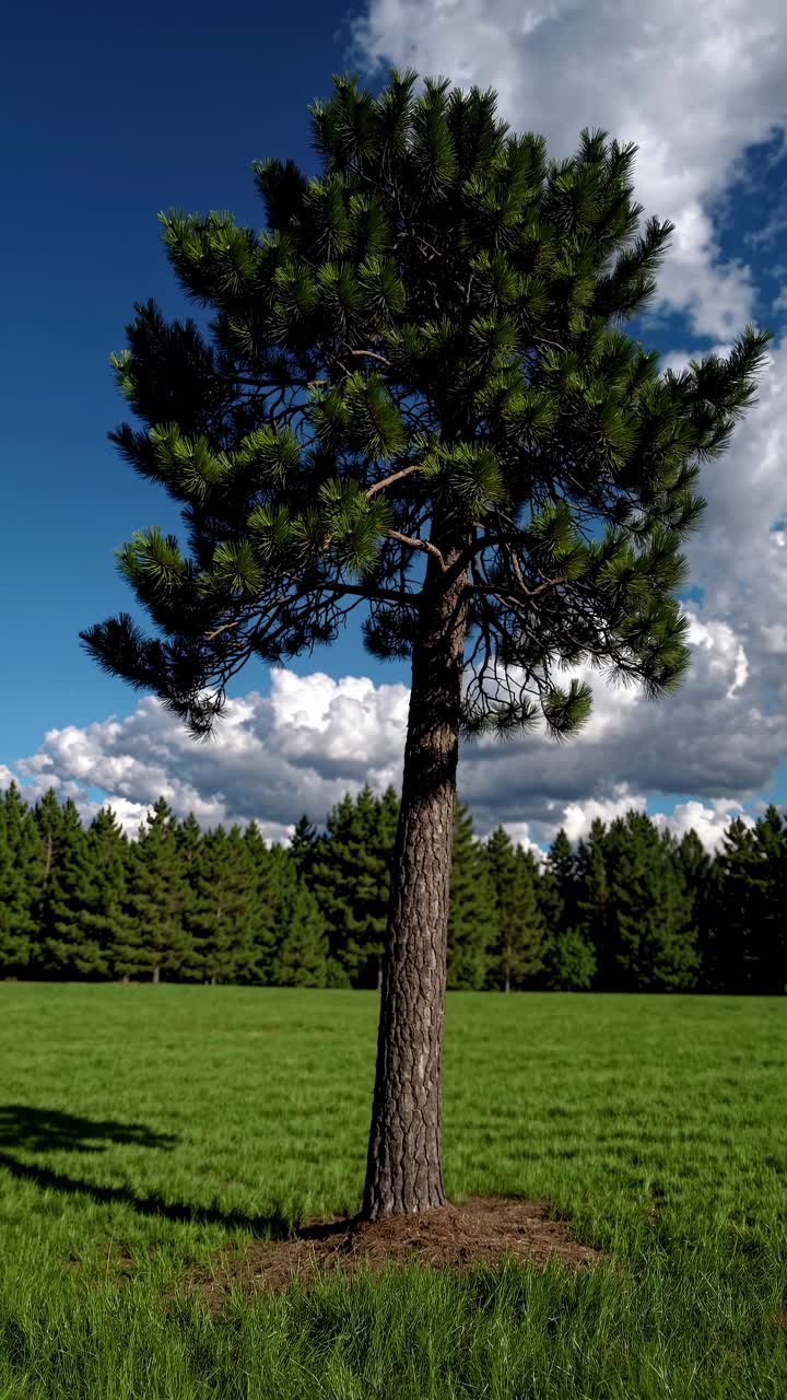A solitary tree stands tall in a lush green field under a blue sky, captured from a low-angle