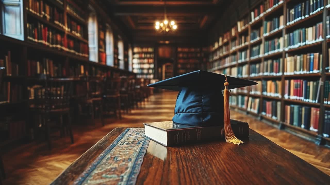 Graduation cap on a book in a library