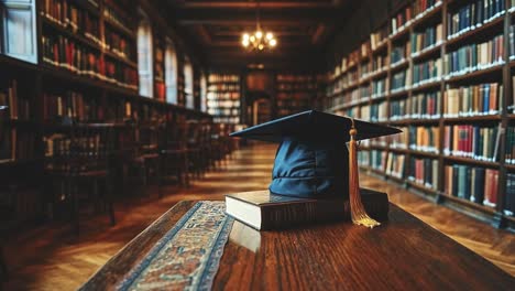 graduation cap on a book in a library