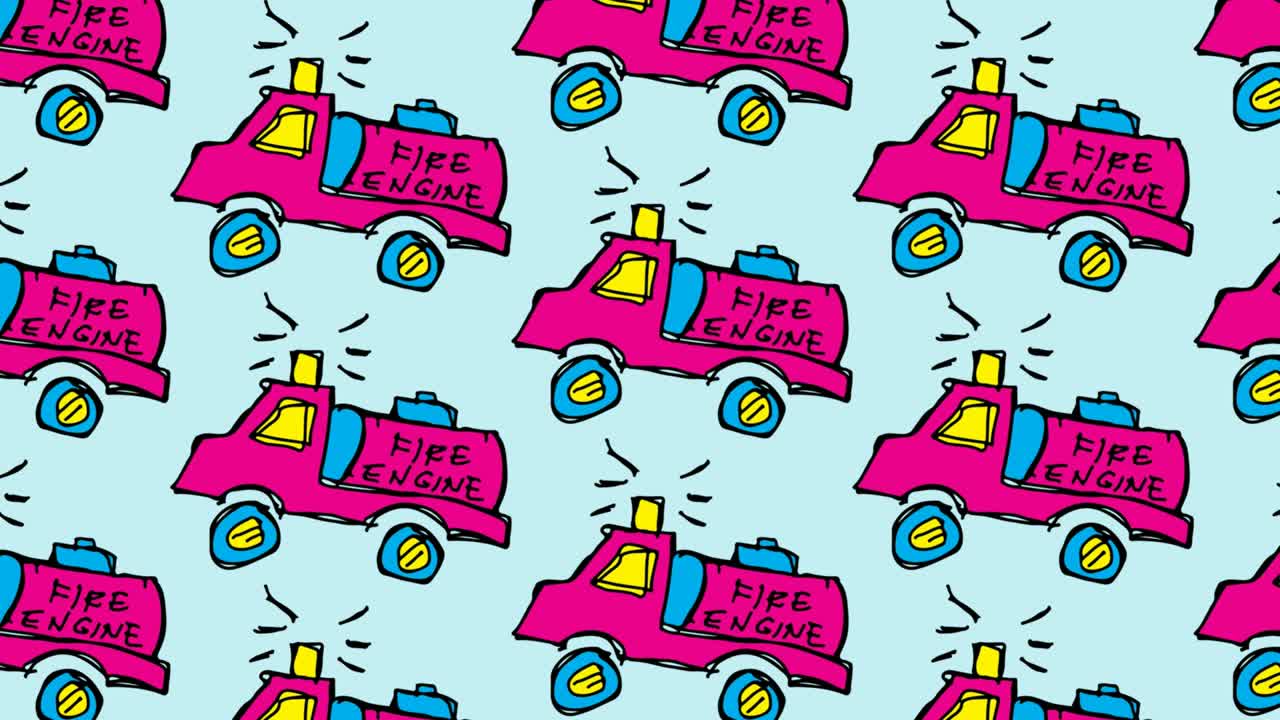 niños dibujando arte pop fondo sin costuras con tema de camiones de bomberos