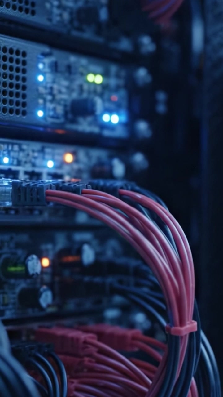 Illuminated Server Room: A Close-Up Look at Network Infrastructure with Vibrant Lights Glowing from High-Tech Components and Colorful Cables in a Modern Data Center