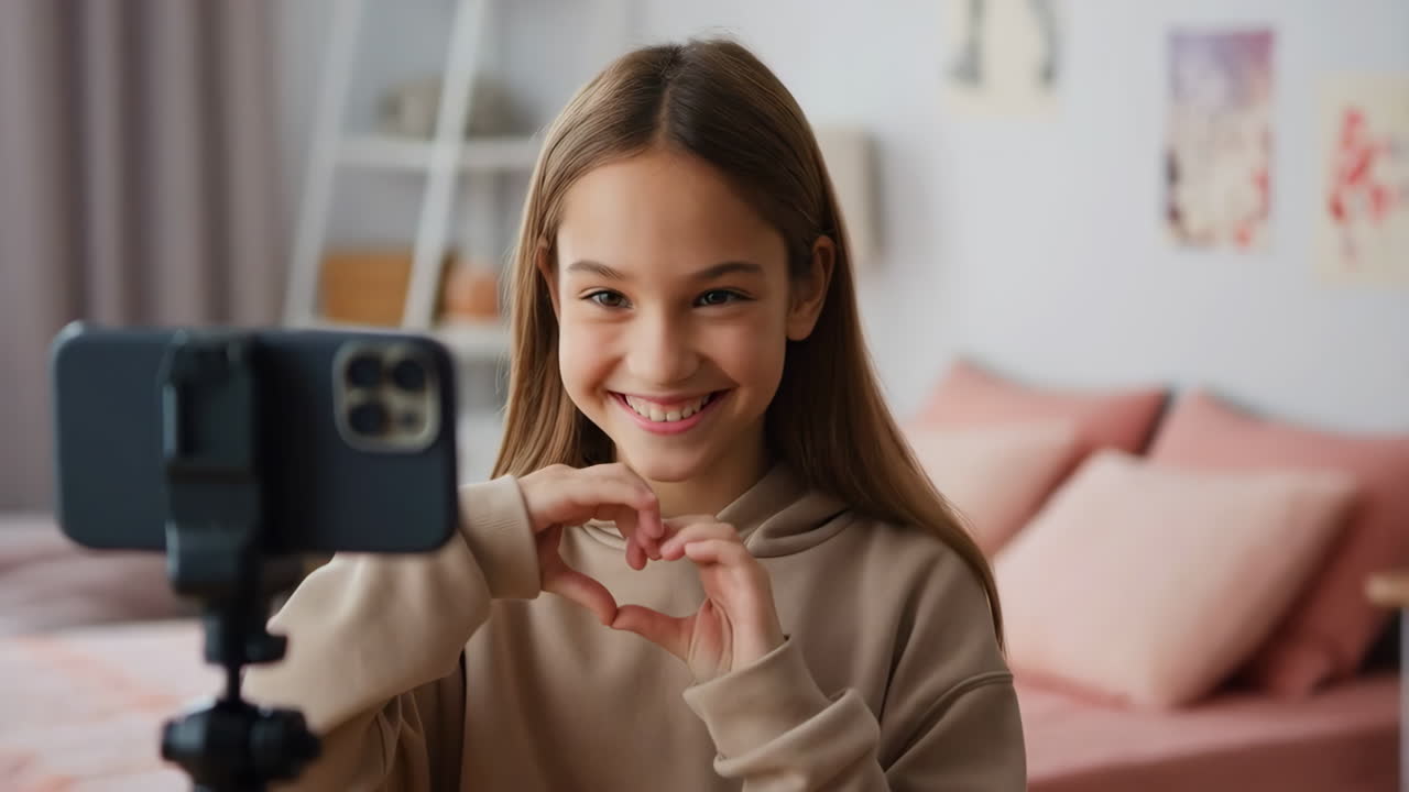 Young Girl Vlogging and Making a Heart Gesture with Hands