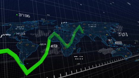 green upward arrow and financial data animation over world map