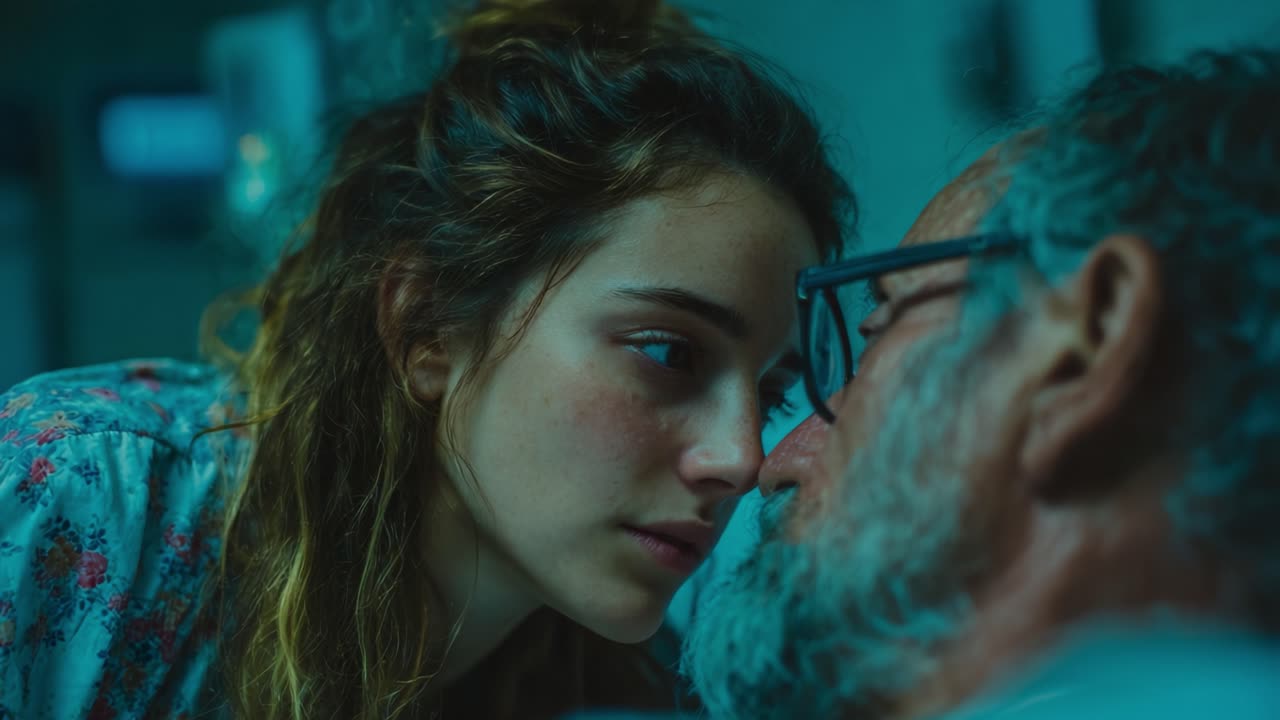 Momenti intimi di connessione: una giovane donna e un uomo anziano condividono un'esperienza profonda in un ambiente ospedaliero, catturando l'essenza dell'amore e della cura.