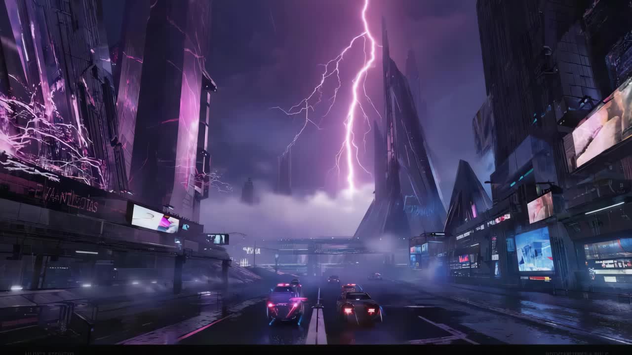 Cyberpunk Cityscape with Lightning Storm