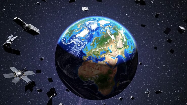 Earth with Space Debris and Satellites